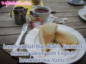 Lunch at Blah Blah Blah's. Smoked chicken panini with English breakfast tea. Yummss!!