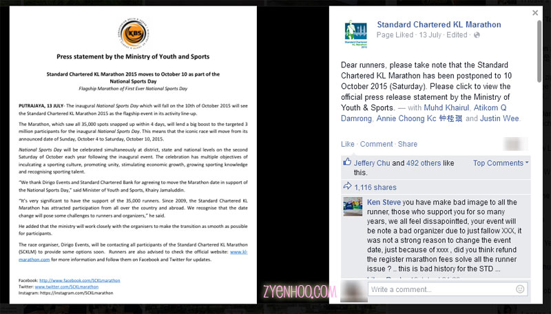 Announcement of the postponement of SCKLM on their Facebook Page